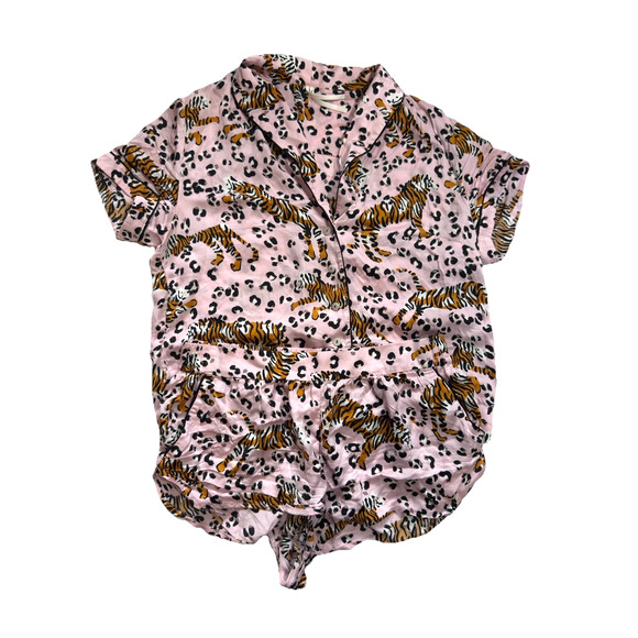 Anthropologie LyreBird ModaLuxe Short Sleeve PJ Set Sz Small Pink Tiger Leopard - Picture 1 of 7